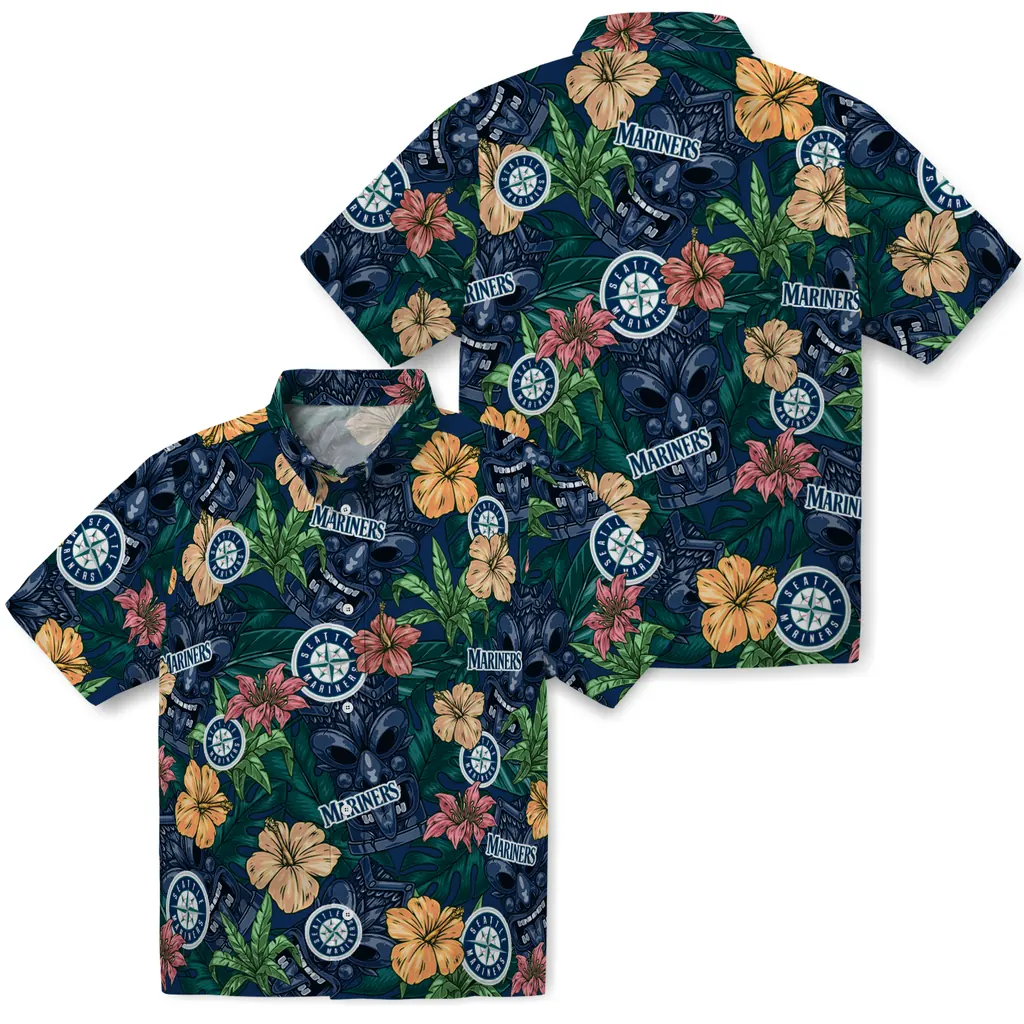 Seattle Mariners Hawaiian Shirt - Hibiscus Tiki Jungle seattle mariners tiki jungle navy blue hawaiian shirts high quality