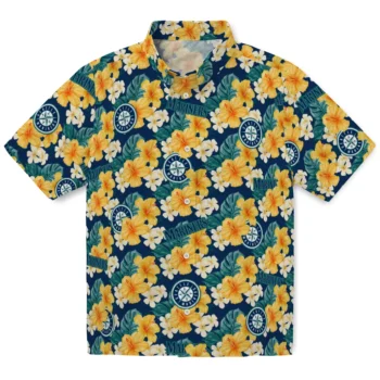seattle mariners hibiscus tropics navy blue yellow hawaiian shirts best selling