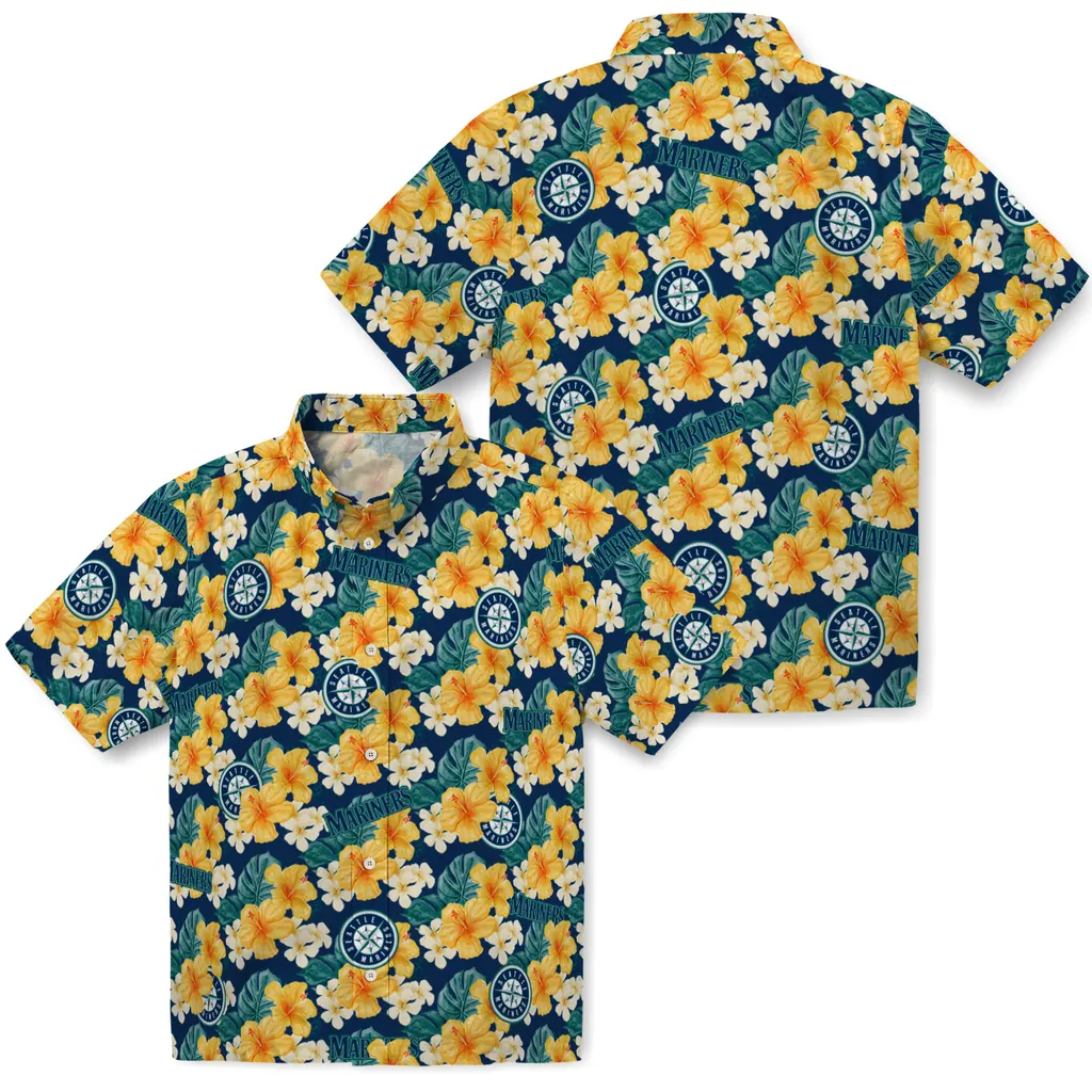 Seattle Mariners Hawaiian Shirt - Hibiscus Tropics seattle mariners hibiscus tropics navy blue yellow hawaiian shirts high quality
