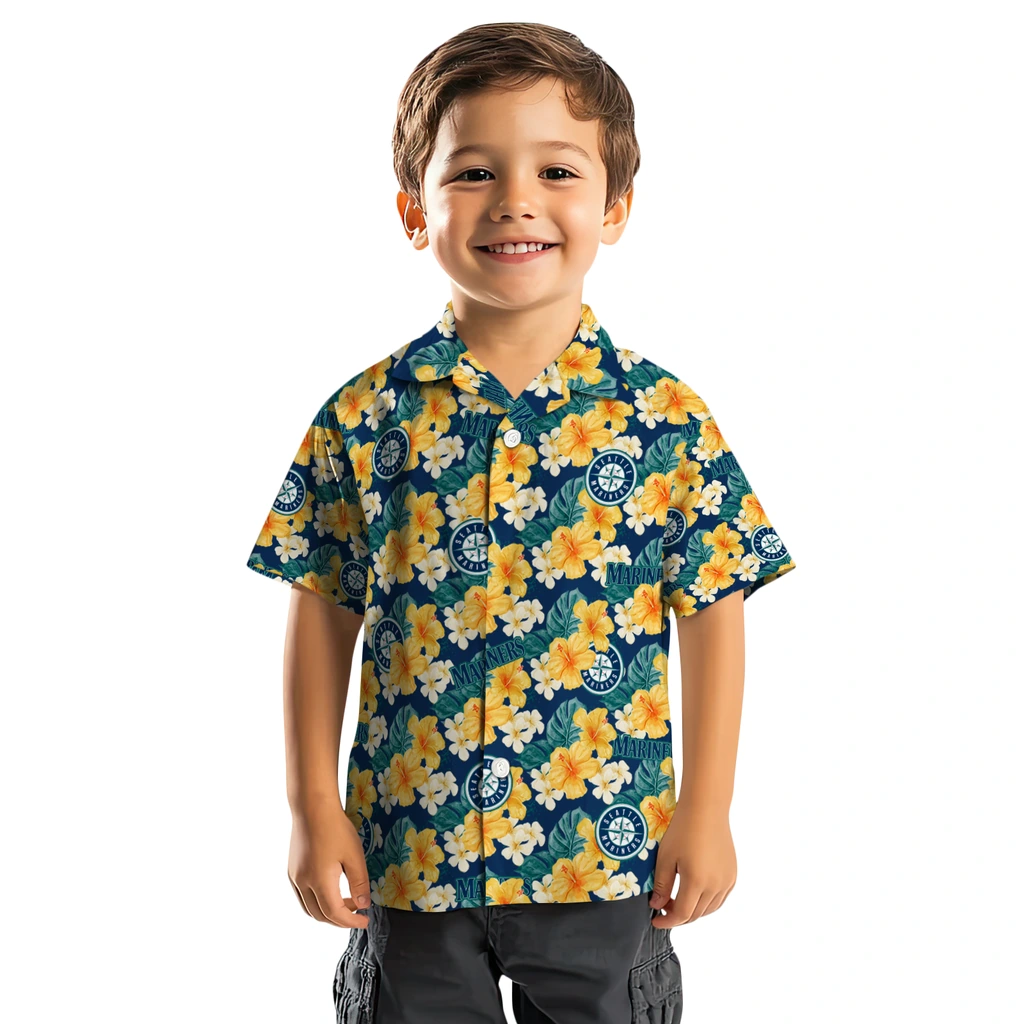 Seattle Mariners Hawaiian Shirt - Hibiscus Tropics seattle mariners hibiscus tropics navy blue yellow hawaiian shirts top rated