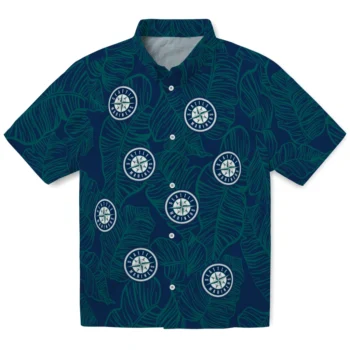 seattle mariners leaf outline navy blue hawaiian shirts best selling