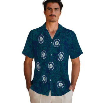seattle mariners leaf outline navy blue hawaiian shirts fashion forward