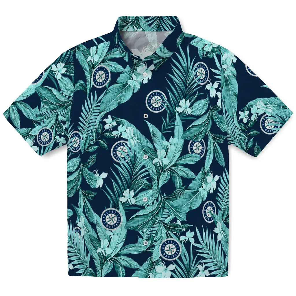 Seattle Mariners Hawaiian Shirt - Palm Leaves seattle mariners palm leaves navy blue hawaiian shirts best selling