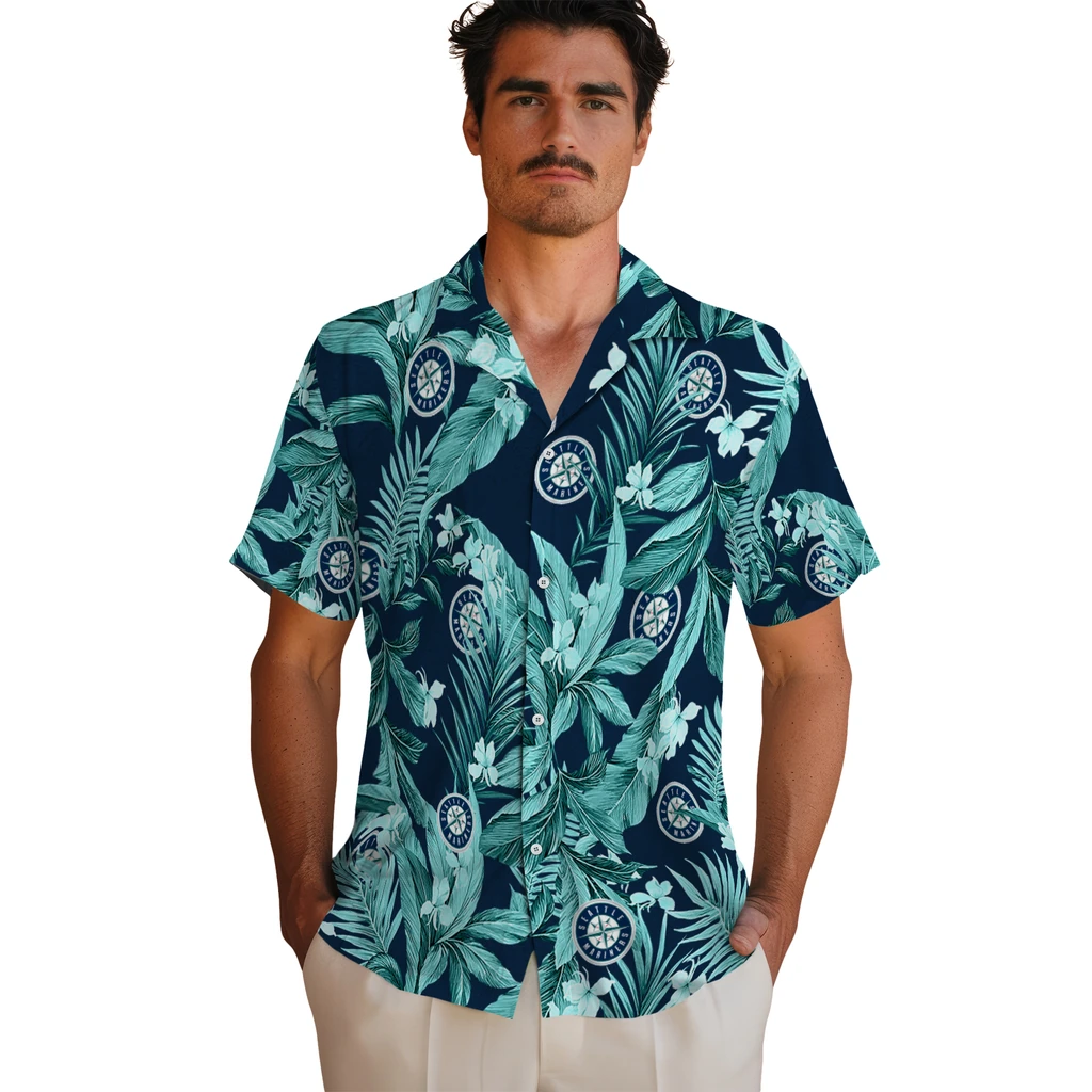 Seattle Mariners Hawaiian Shirt - Palm Leaves seattle mariners palm leaves navy blue hawaiian shirts fashion forward