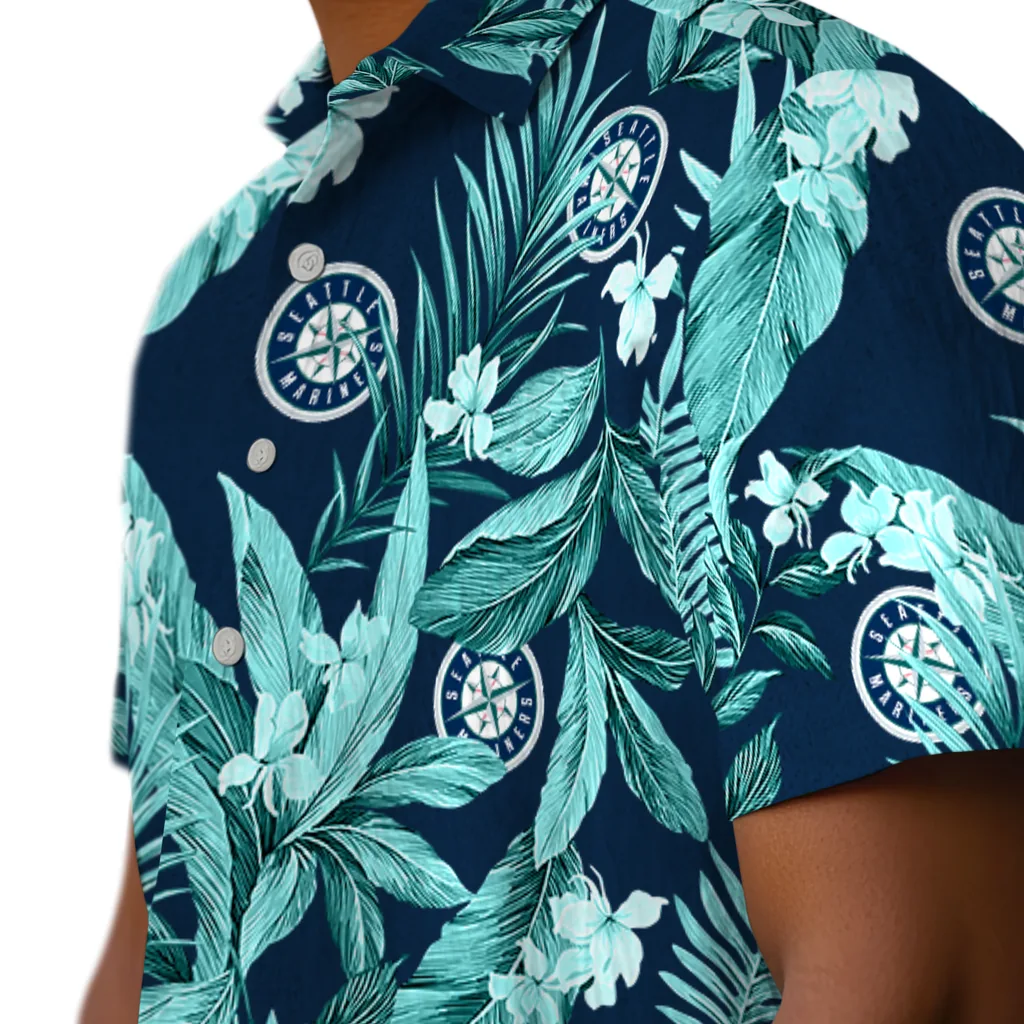 Seattle Mariners Hawaiian Shirt - Palm Leaves seattle mariners palm leaves navy blue hawaiian shirts trendy
