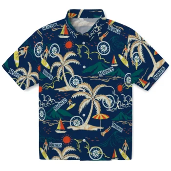 seattle mariners palm tree island navy blue hawaiian shirts best selling