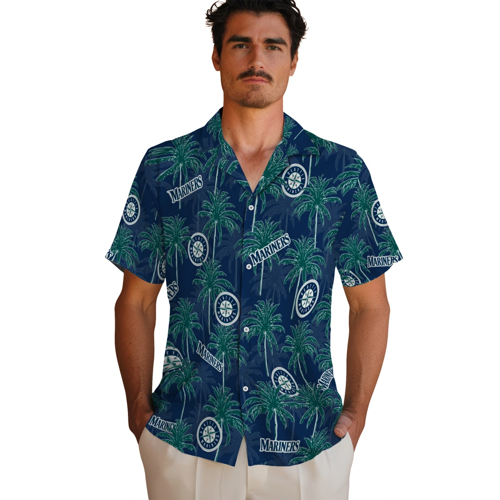Seattle Mariners Hawaiian Shirt - Palm Tree Motif seattle mariners palm grove navy blue hawaiian shirts fashion forward