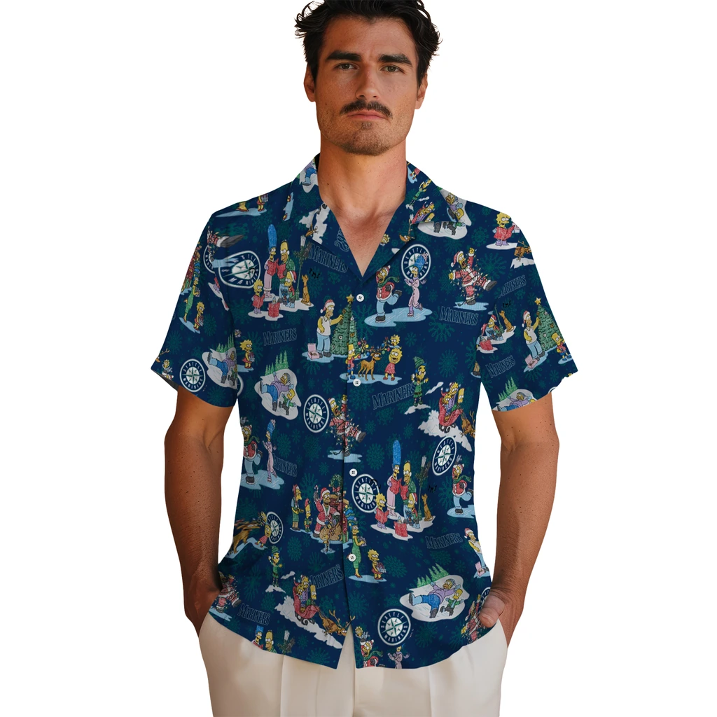 Seattle Mariners Hawaiian Shirt - Simpsons Christmas seattle mariners simpsons christmas navy blue hawaiian shirts fashion forward