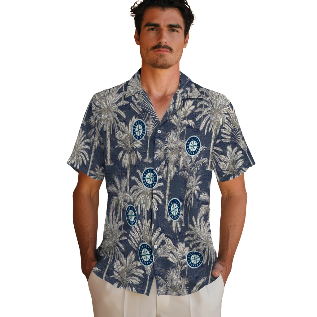 Seattle Mariners Hawaiian Shirt - Vintage Palm Tree seattle mariners palm shadows navy blue hawaiian shirts fashion forward