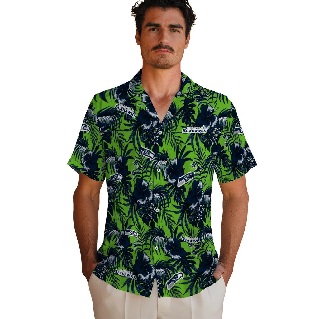 Seattle Seahawks Hawaiian Shirt - Hibiscus Exotic seattle seahawks hibiscus exotic blue hawaiian shirts fashion forward