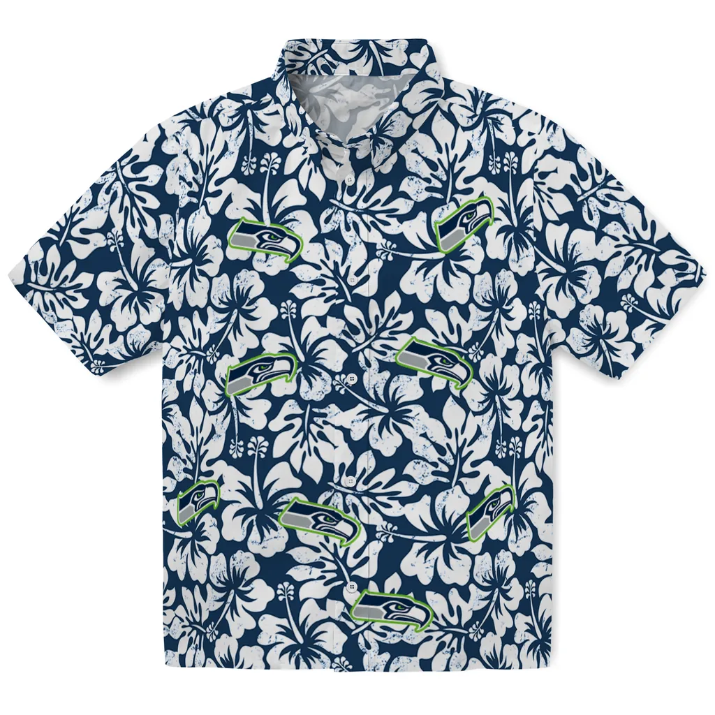 Seattle Seahawks Hawaiian Shirt - Hibiscus Motif seattle seahawks hibiscus motif blue white hawaiian shirts best selling