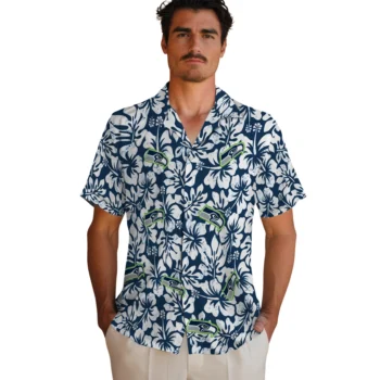 seattle seahawks hibiscus motif blue white hawaiian shirts fashion forward