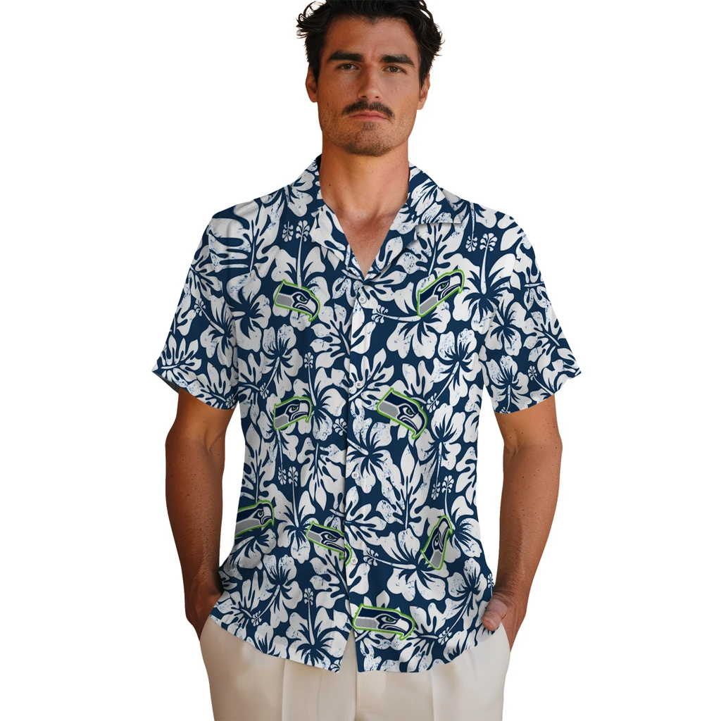 Seattle Seahawks Hawaiian Shirt - Hibiscus Motif seattle seahawks hibiscus motif blue white hawaiian shirts fashion forward