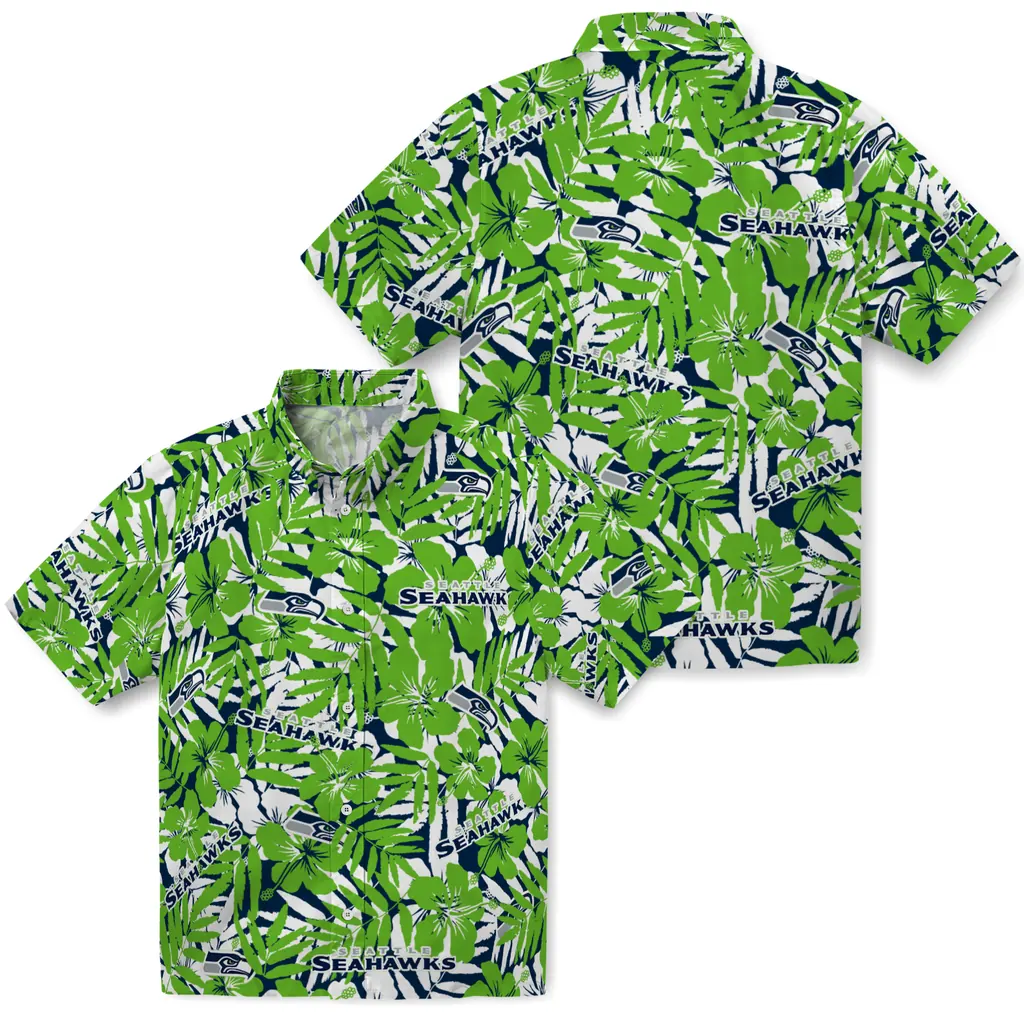 Seattle Seahawks Hawaiian Shirt - Hibiscus Overlay seattle seahawks hibiscus overlay hawaiian shirts high quality