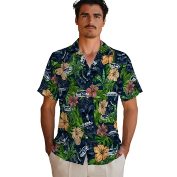 seattle seahawks tiki jungle blue hawaiian shirts fashion forward