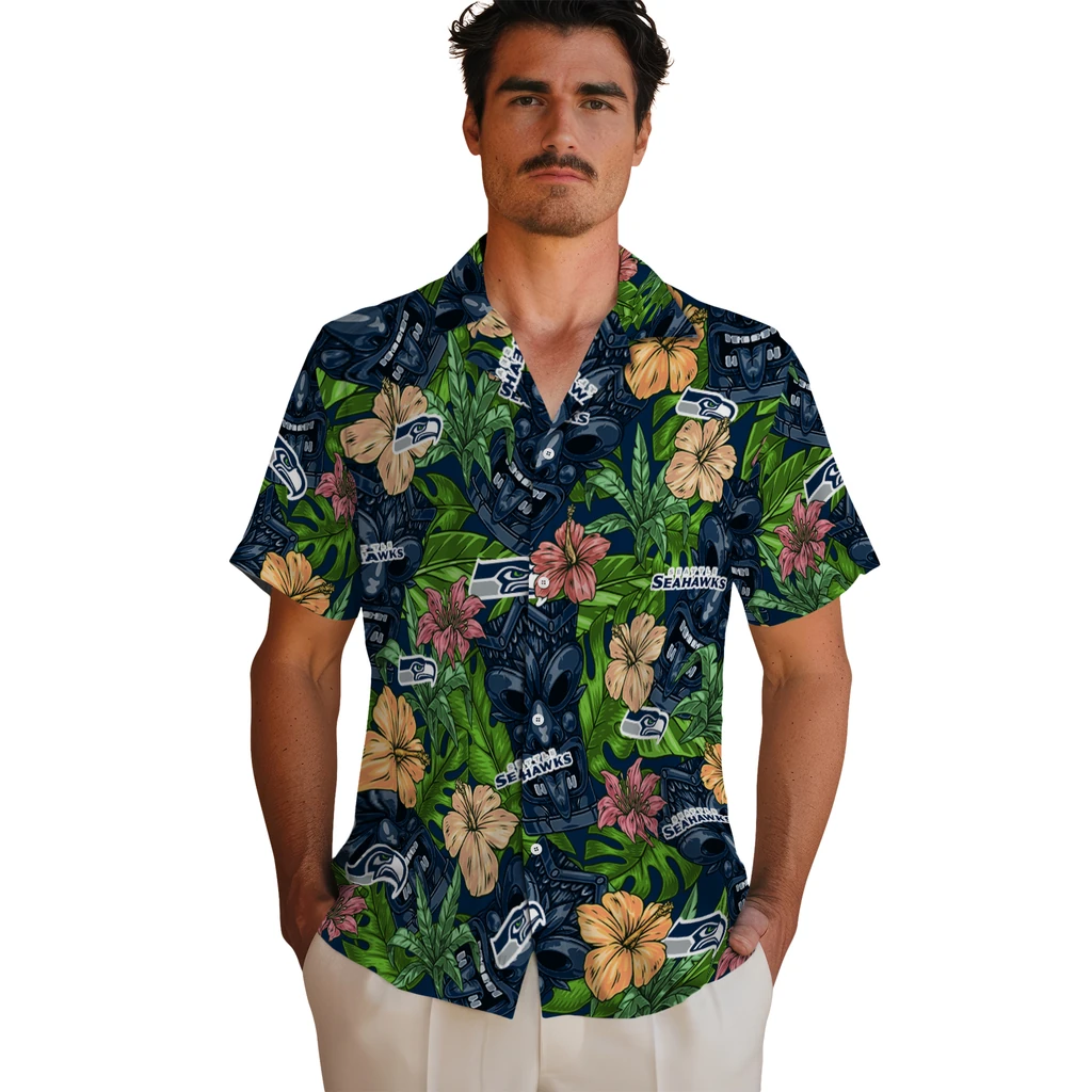 Seattle Seahawks Hawaiian Shirt - Hibiscus Tiki Jungle seattle seahawks tiki jungle blue hawaiian shirts fashion forward