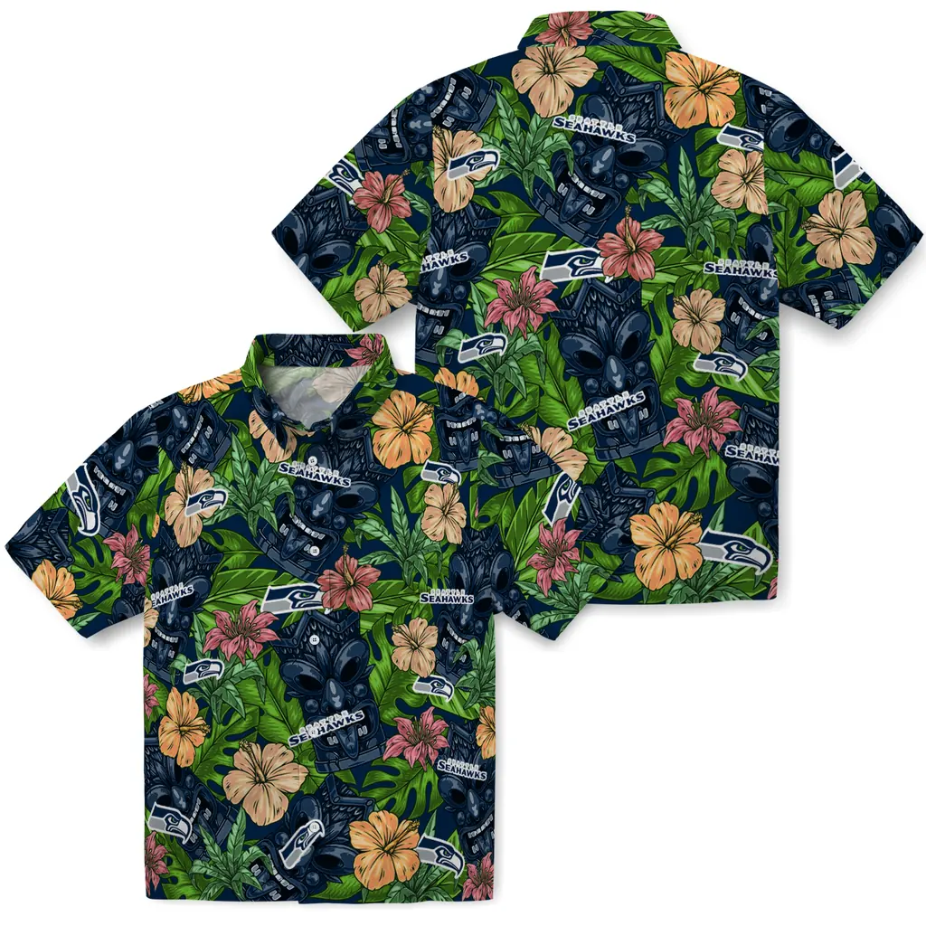 Seattle Seahawks Hawaiian Shirt - Hibiscus Tiki Jungle seattle seahawks tiki jungle blue hawaiian shirts high quality
