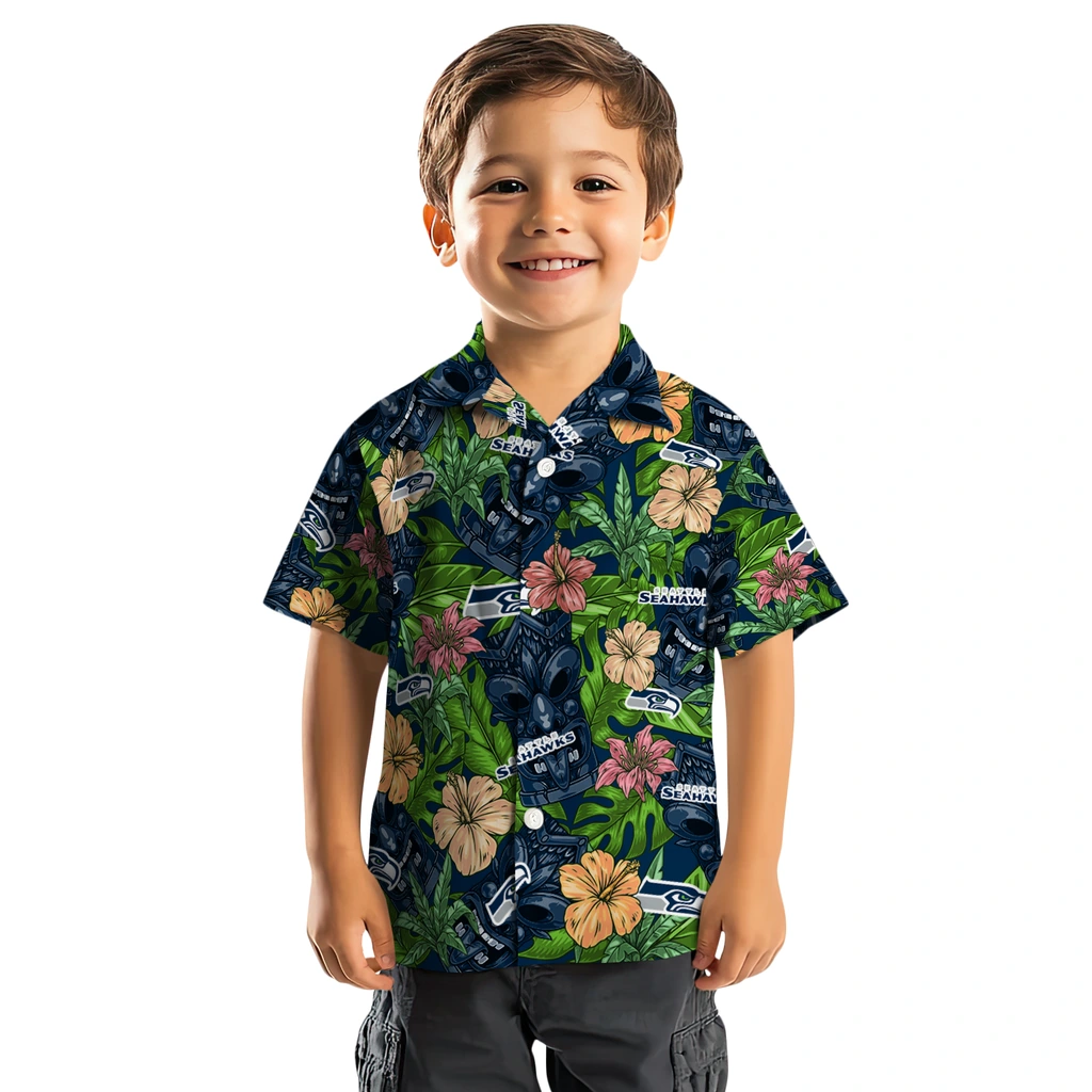 Seattle Seahawks Hawaiian Shirt - Hibiscus Tiki Jungle seattle seahawks tiki jungle blue hawaiian shirts top rated
