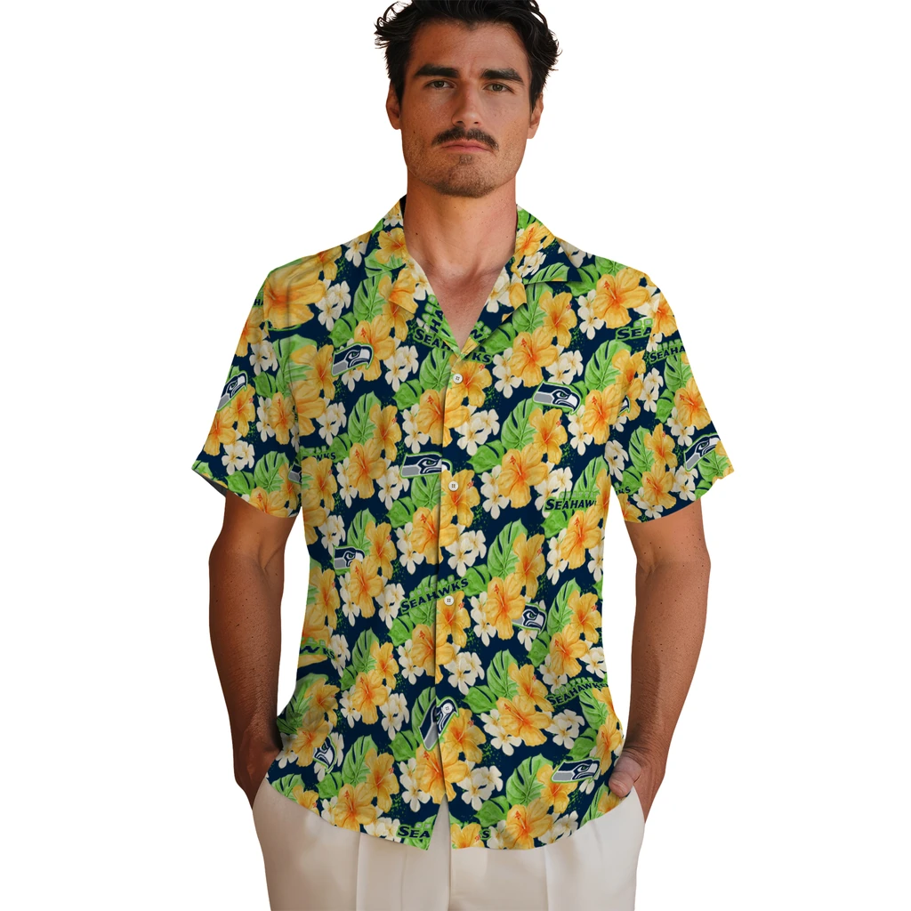 Seattle Seahawks Hawaiian Shirt - Hibiscus Tropics seattle seahawks hibiscus tropics blue yellow hawaiian shirts fashion forward