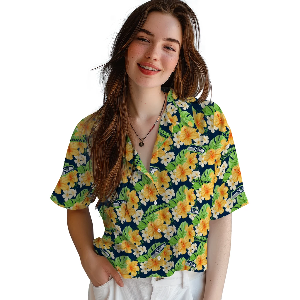 Seattle Seahawks Hawaiian Shirt - Hibiscus Tropics seattle seahawks hibiscus tropics blue yellow hawaiian shirts latest model