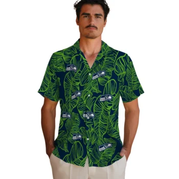 seattle seahawks leaf outline blue hawaiian shirts fashion forward