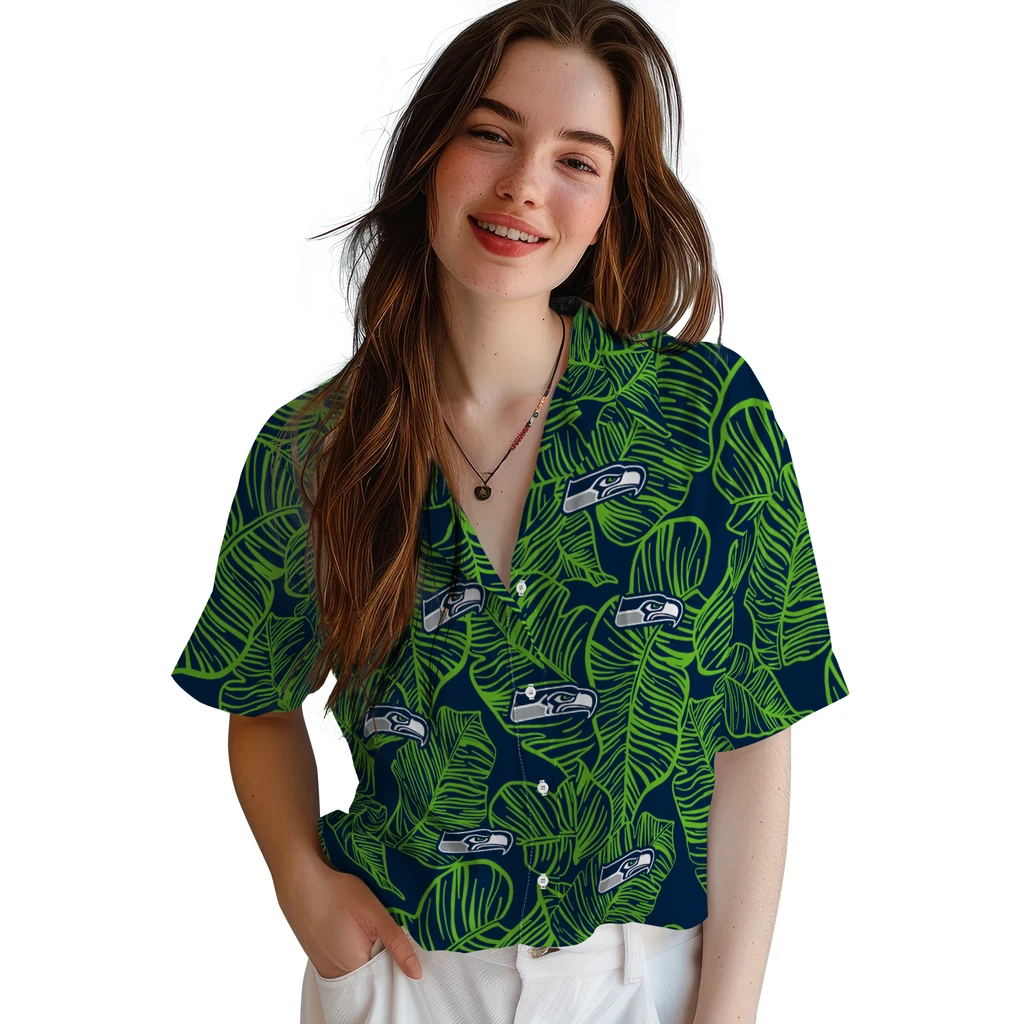 Seattle Seahawks Hawaiian Shirt - Leaf Outline seattle seahawks leaf outline blue hawaiian shirts latest model