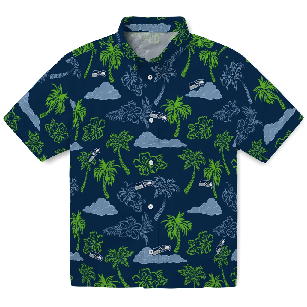 Seattle Seahawks Hawaiian Shirt - Palm And Clouds seattle seahawks palm and clouds blue hawaiian shirts best selling