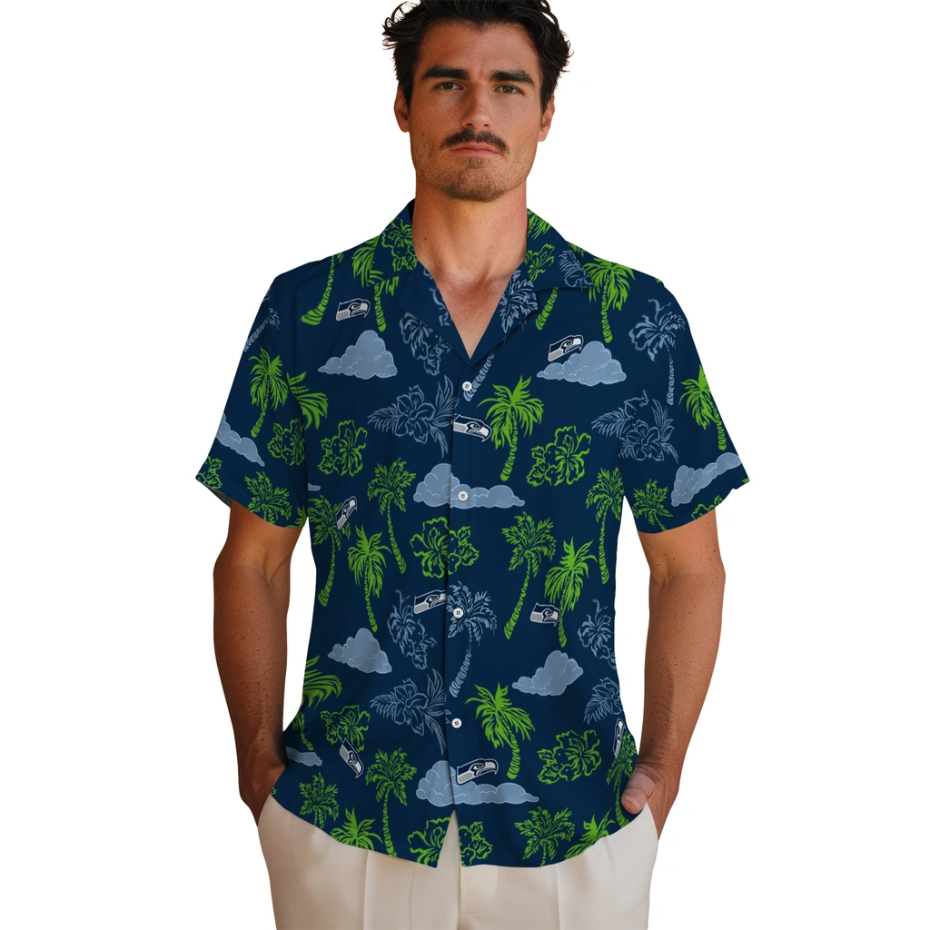 Seattle Seahawks Hawaiian Shirt - Palm And Clouds seattle seahawks palm and clouds blue hawaiian shirts fashion forward