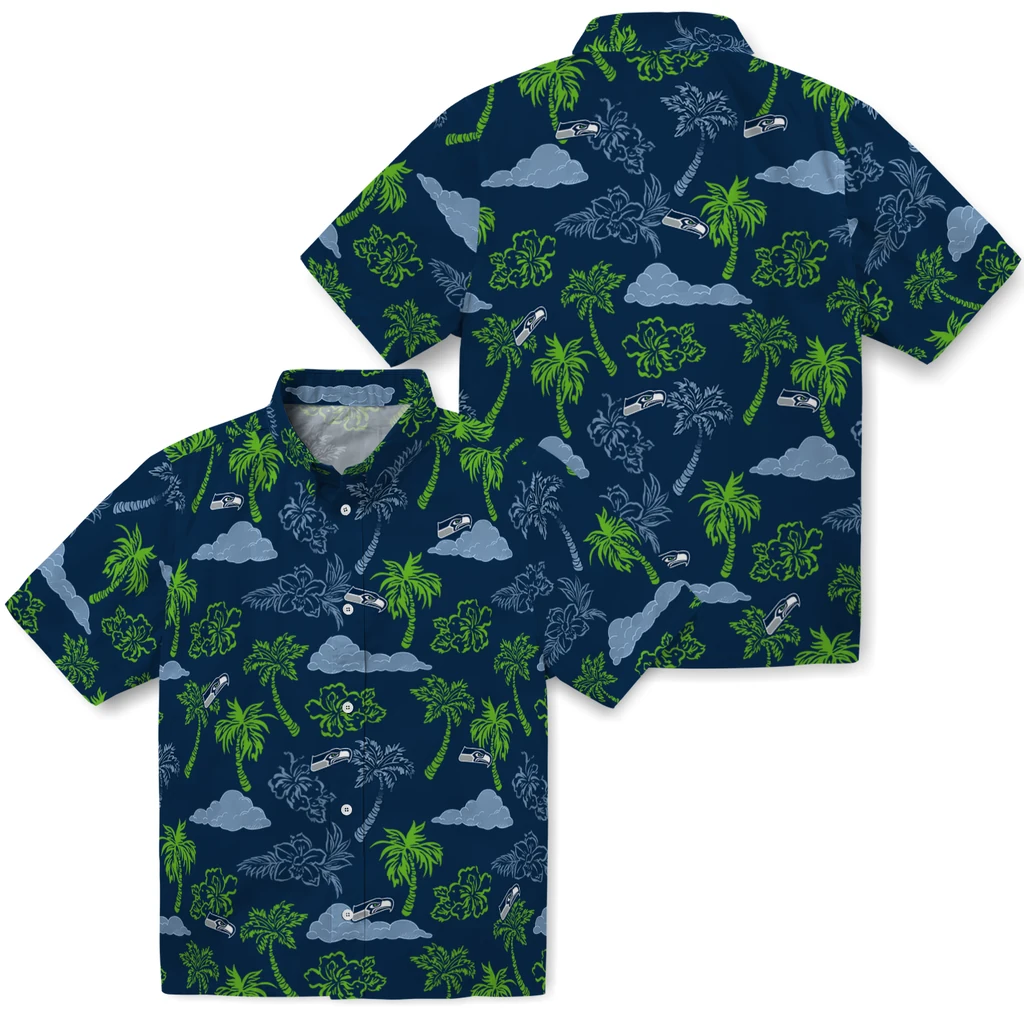 Seattle Seahawks Hawaiian Shirt - Palm And Clouds seattle seahawks palm and clouds blue hawaiian shirts high quality