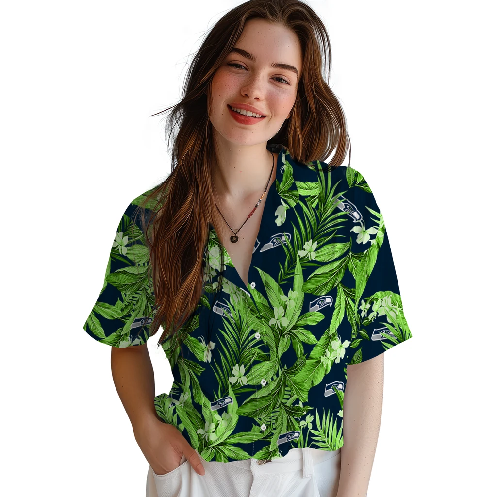 Seattle Seahawks Hawaiian Shirt - Palm Leaves seattle seahawks palm leaves blue hawaiian shirts latest model