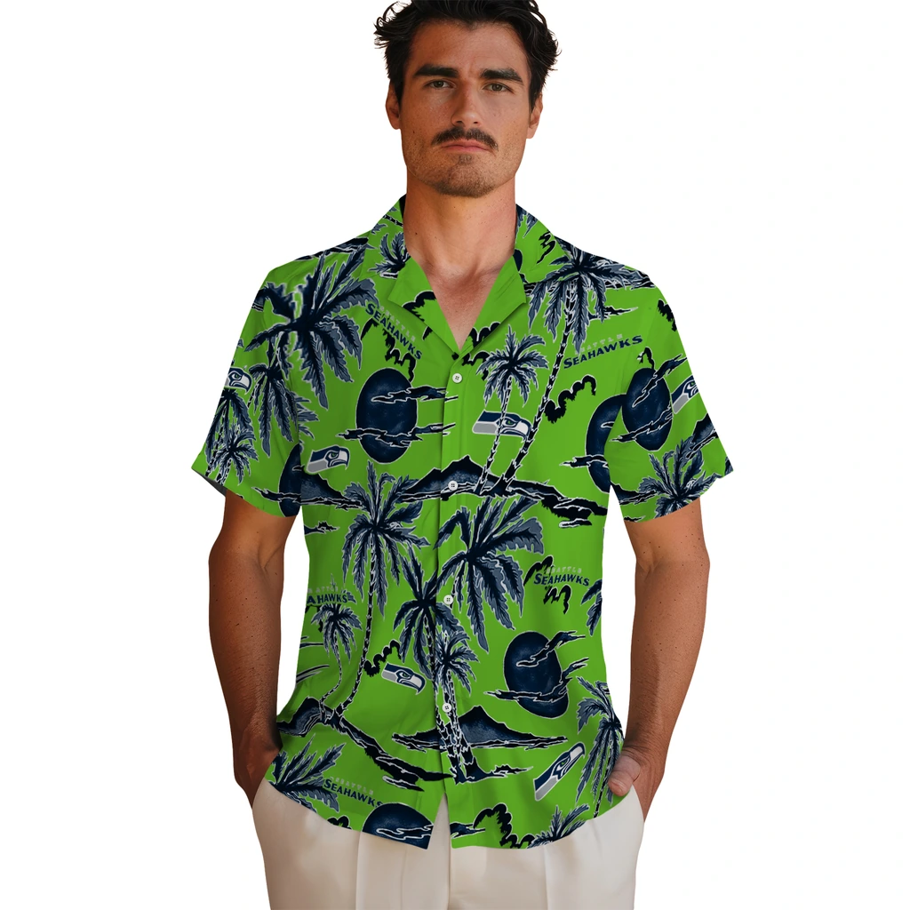 Seattle Seahawks Hawaiian Shirt - Palm Sunset seattle seahawks palm sunset hawaiian shirts fashion forward