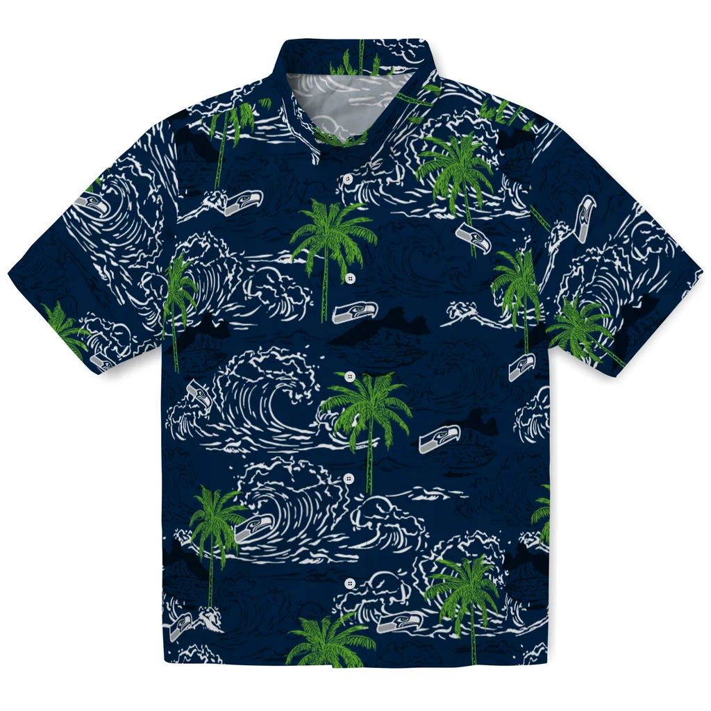 Seattle Seahawks Hawaiian Shirt - Wave Palm seattle seahawks wave palm blue hawaiian shirts best selling