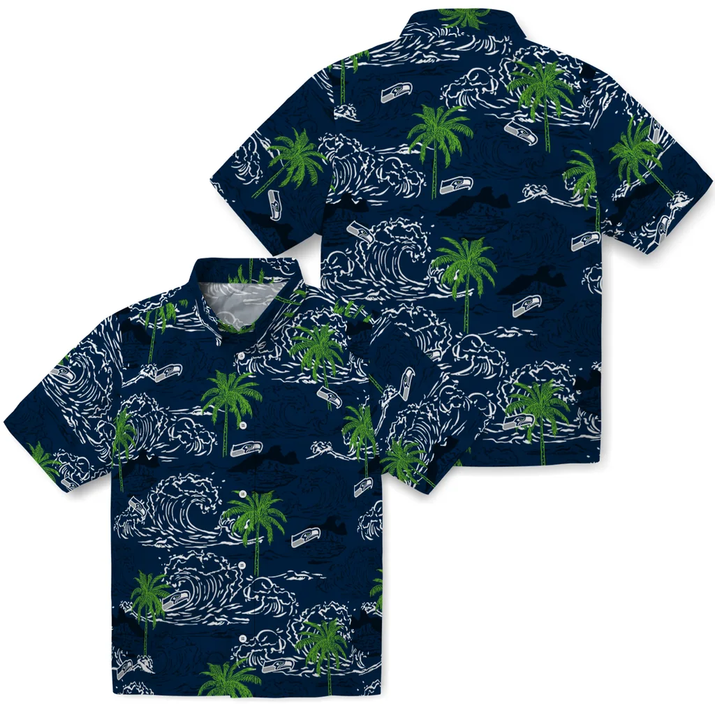 Seattle Seahawks Hawaiian Shirt - Wave Palm seattle seahawks wave palm blue hawaiian shirts high quality
