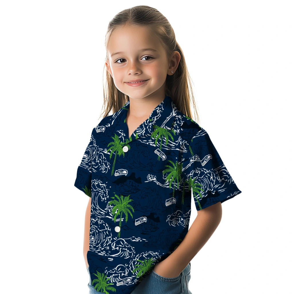 Seattle Seahawks Hawaiian Shirt - Wave Palm seattle seahawks wave palm blue hawaiian shirts premium grade