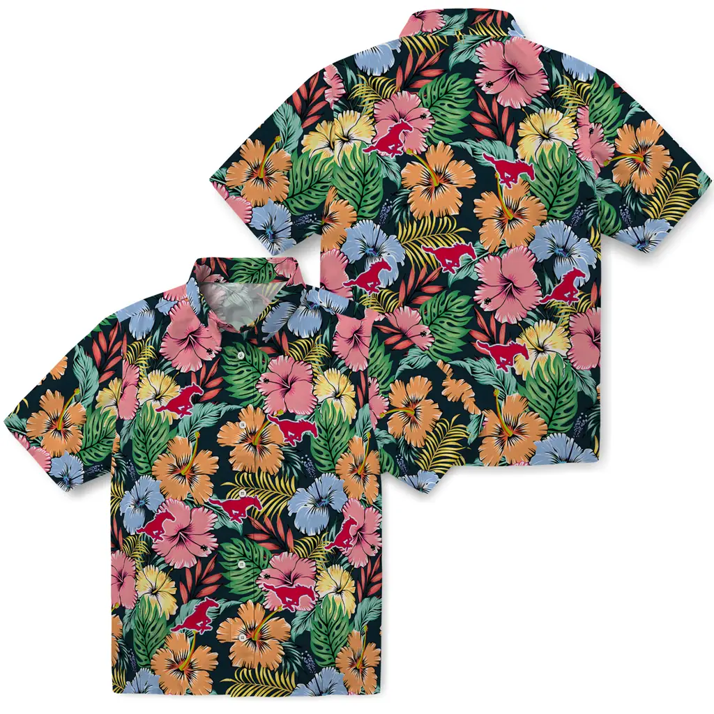 SMU Mustangs Hawaiian Shirt - Brilliant Hibiscus Garden smu mustangs brilliant hibiscus garden hawaiian shirts high quality