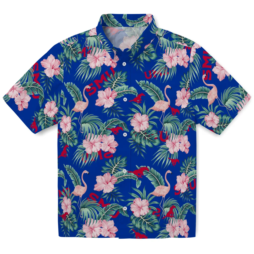 SMU Mustangs Hawaiian Shirt - Flamingo and Hibiscus smu mustangs flamingo palms blue hawaiian shirts best selling