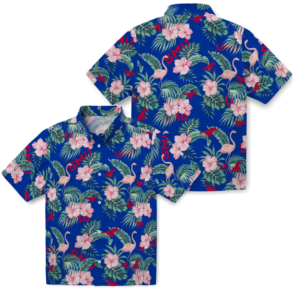 SMU Mustangs Hawaiian Shirt - Flamingo and Hibiscus smu mustangs flamingo palms blue hawaiian shirts high quality