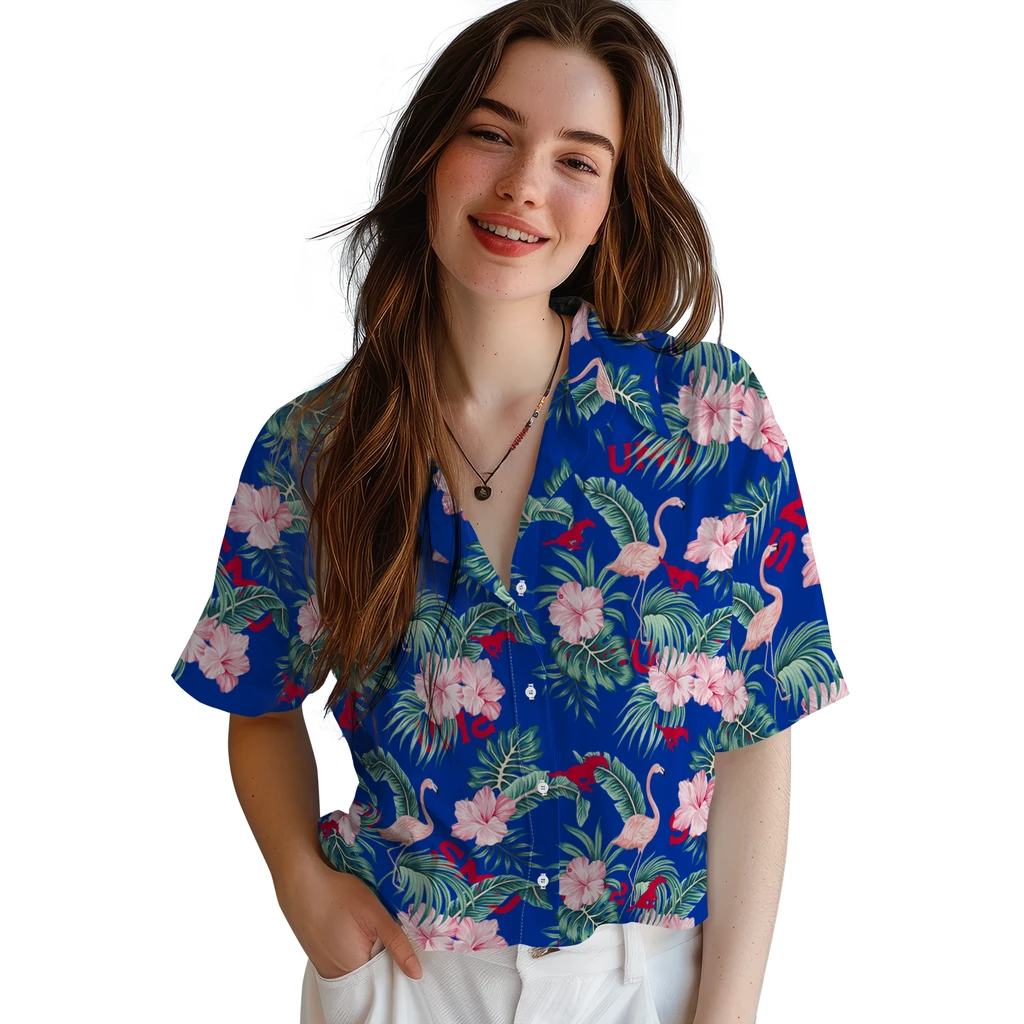 SMU Mustangs Hawaiian Shirt - Flamingo and Hibiscus smu mustangs flamingo palms blue hawaiian shirts latest model