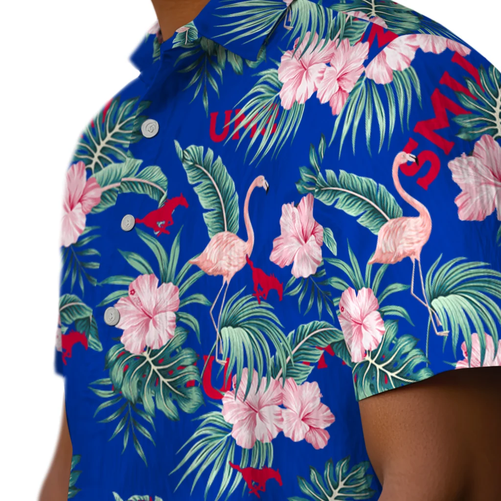 SMU Mustangs Hawaiian Shirt - Flamingo and Hibiscus smu mustangs flamingo palms blue hawaiian shirts trendy