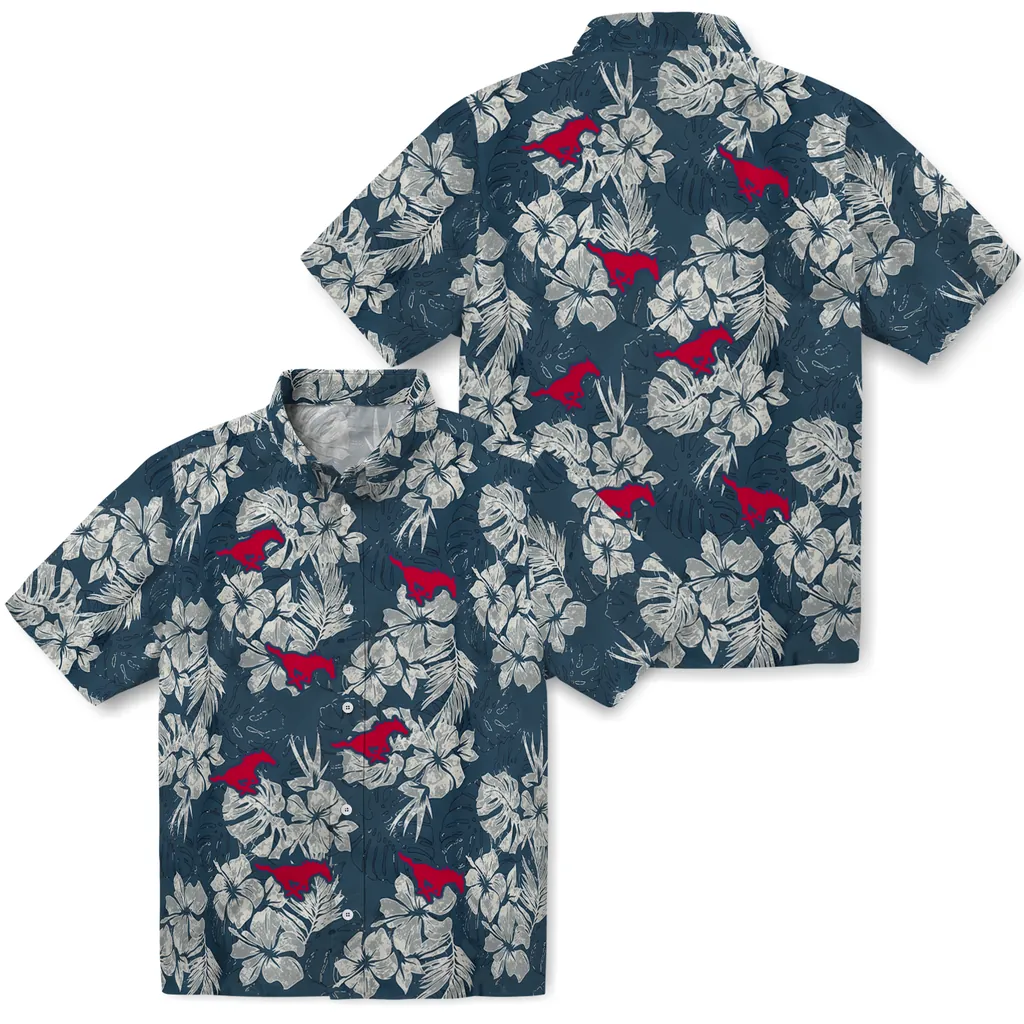 SMU Mustangs Hawaiian Shirt - Hibiscus Flowers smu mustangs hibiscus flowers navy blue hawaiian shirts high quality