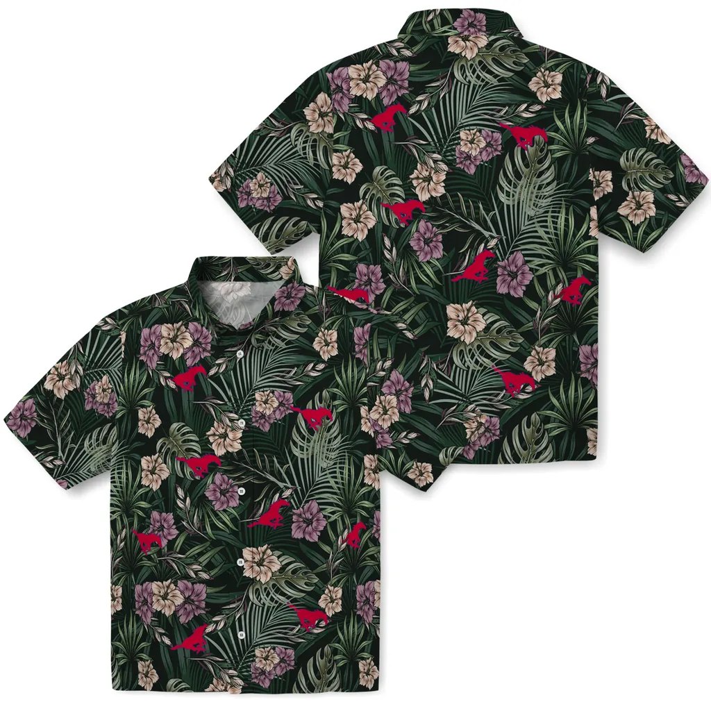 SMU Mustangs Hawaiian Shirt - Hibiscus Leaves Pattern smu mustangs hibiscus leaves pattern green hawaiian shirts high quality