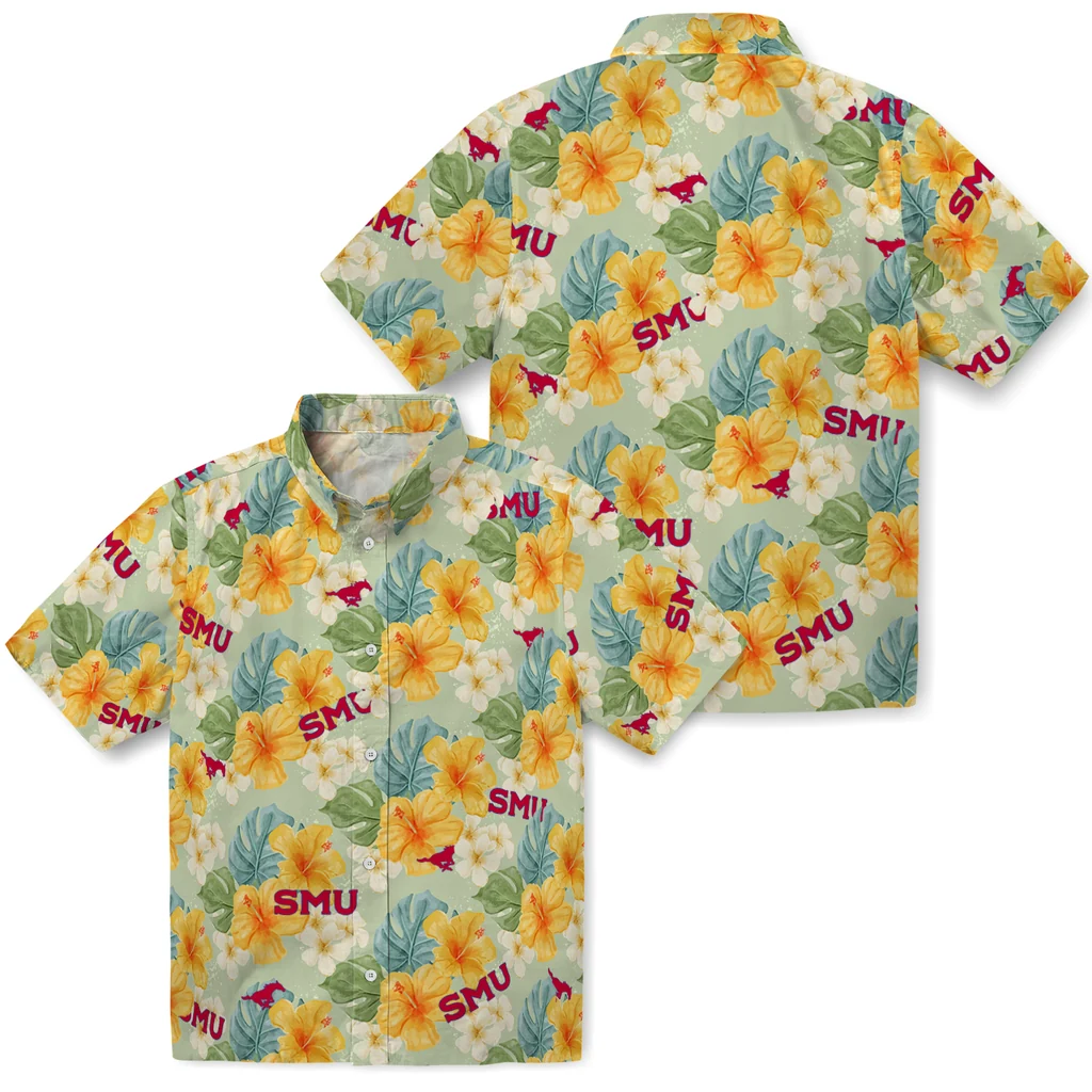 SMU Mustangs Hawaiian Shirt - Hibiscus Mood smu mustangs hibiscus mood pale lime yellow hawaiian shirts high quality