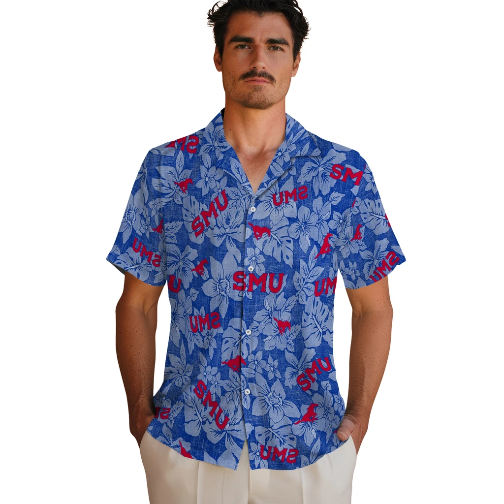 SMU Mustangs Hawaiian Shirt - Hibiscus Oasis smu mustangs hibiscus oasis blue hawaiian shirts fashion forward