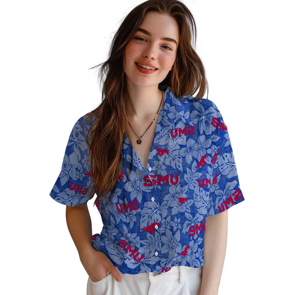 SMU Mustangs Hawaiian Shirt - Hibiscus Oasis smu mustangs hibiscus oasis blue hawaiian shirts latest model