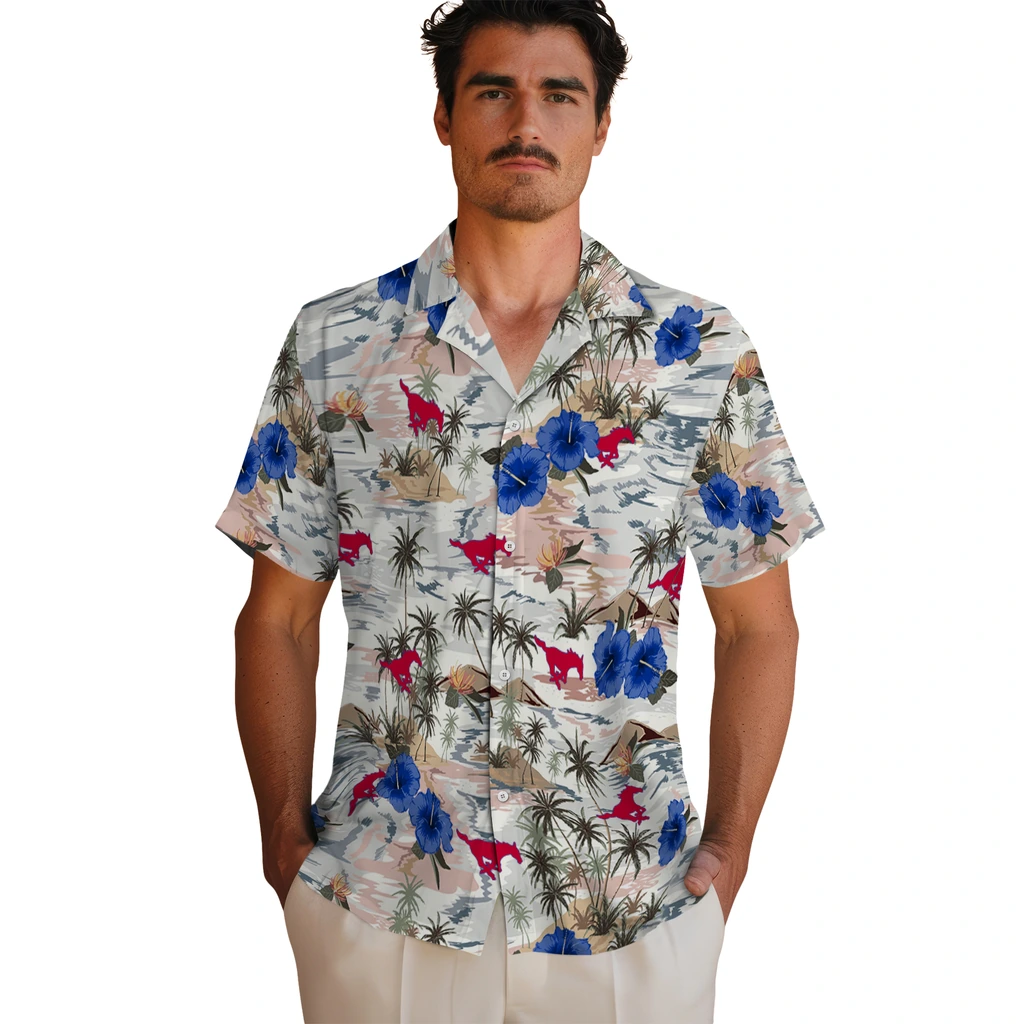 SMU Mustangs Hawaiian Shirt - Hibiscus Seaside smu mustangs hibiscus seaside white hawaiian shirts fashion forward