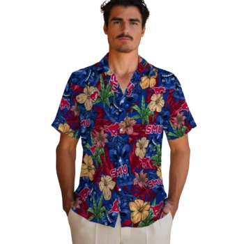 smu mustangs tiki jungle blue hawaiian shirts fashion forward