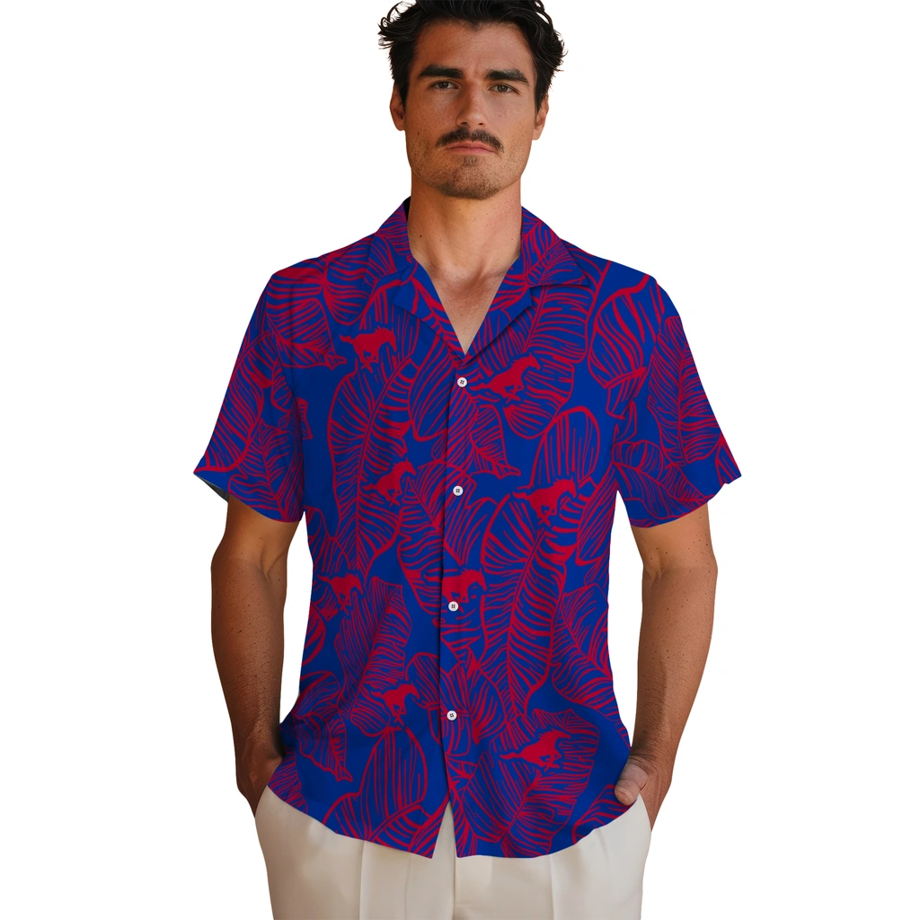 SMU Mustangs Hawaiian Shirt - Leaf Outline smu mustangs leaf outline blue hawaiian shirts fashion forward