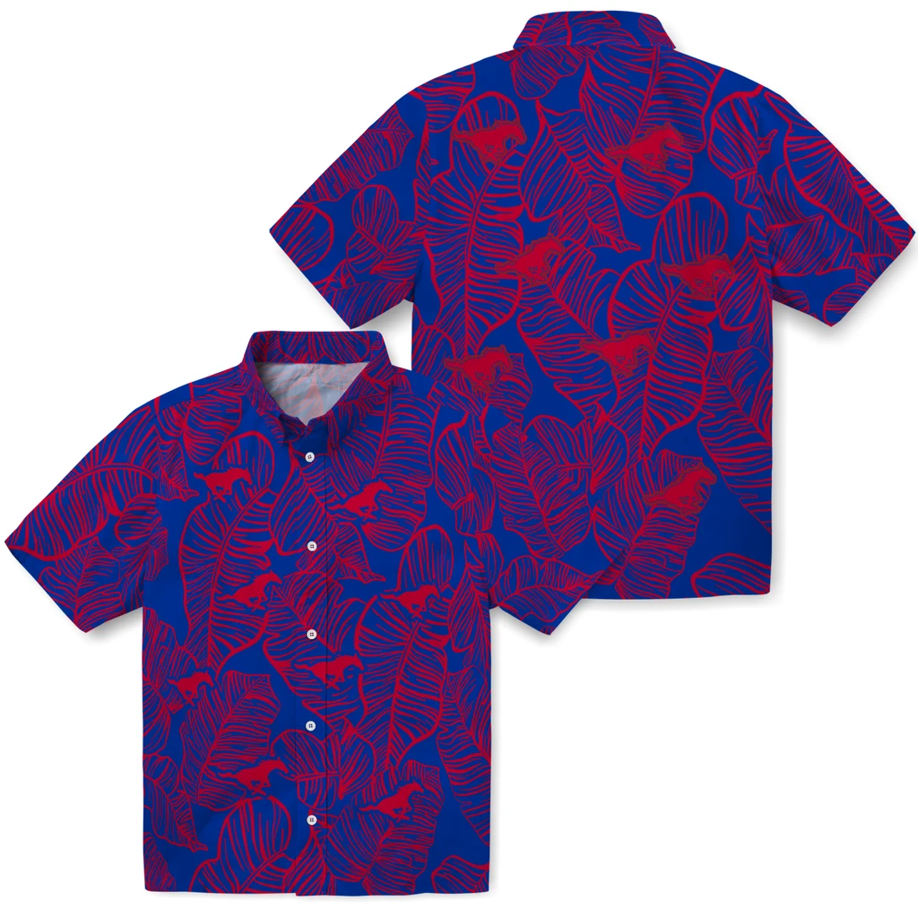 SMU Mustangs Hawaiian Shirt - Leaf Outline smu mustangs leaf outline blue hawaiian shirts high quality