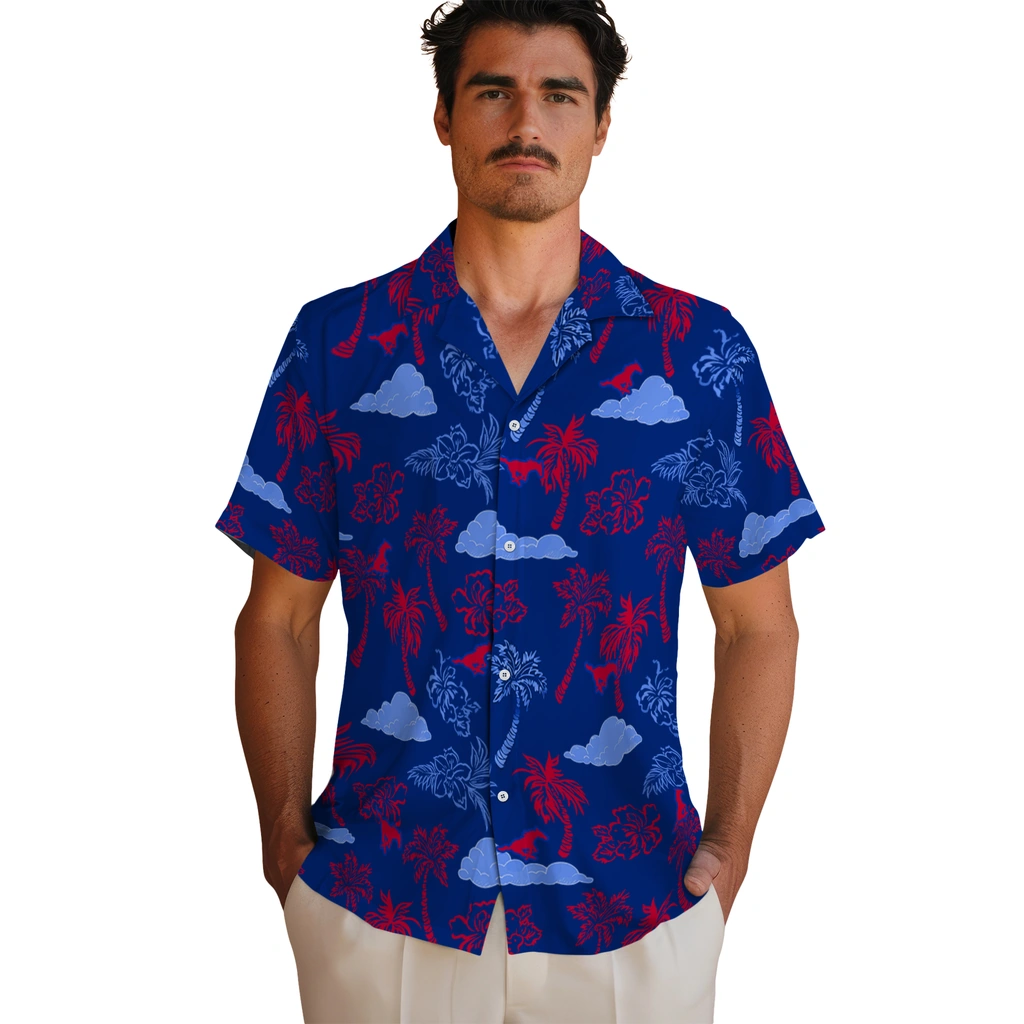 SMU Mustangs Hawaiian Shirt - Palm And Clouds smu mustangs palm and clouds blue hawaiian shirts fashion forward