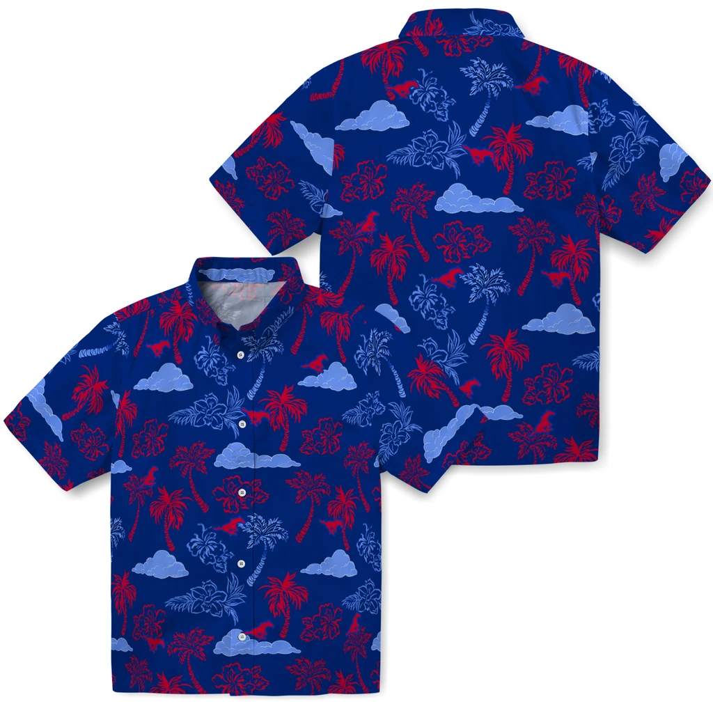 SMU Mustangs Hawaiian Shirt - Palm And Clouds smu mustangs palm and clouds blue hawaiian shirts high quality